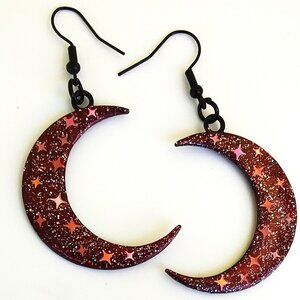 Burgundy red and black sparkling large crescent moon with iridescent salmon pink